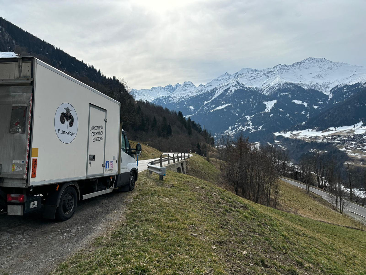 The Fiskskaldjur refrigerated truck on a road in the Swiss Alps
